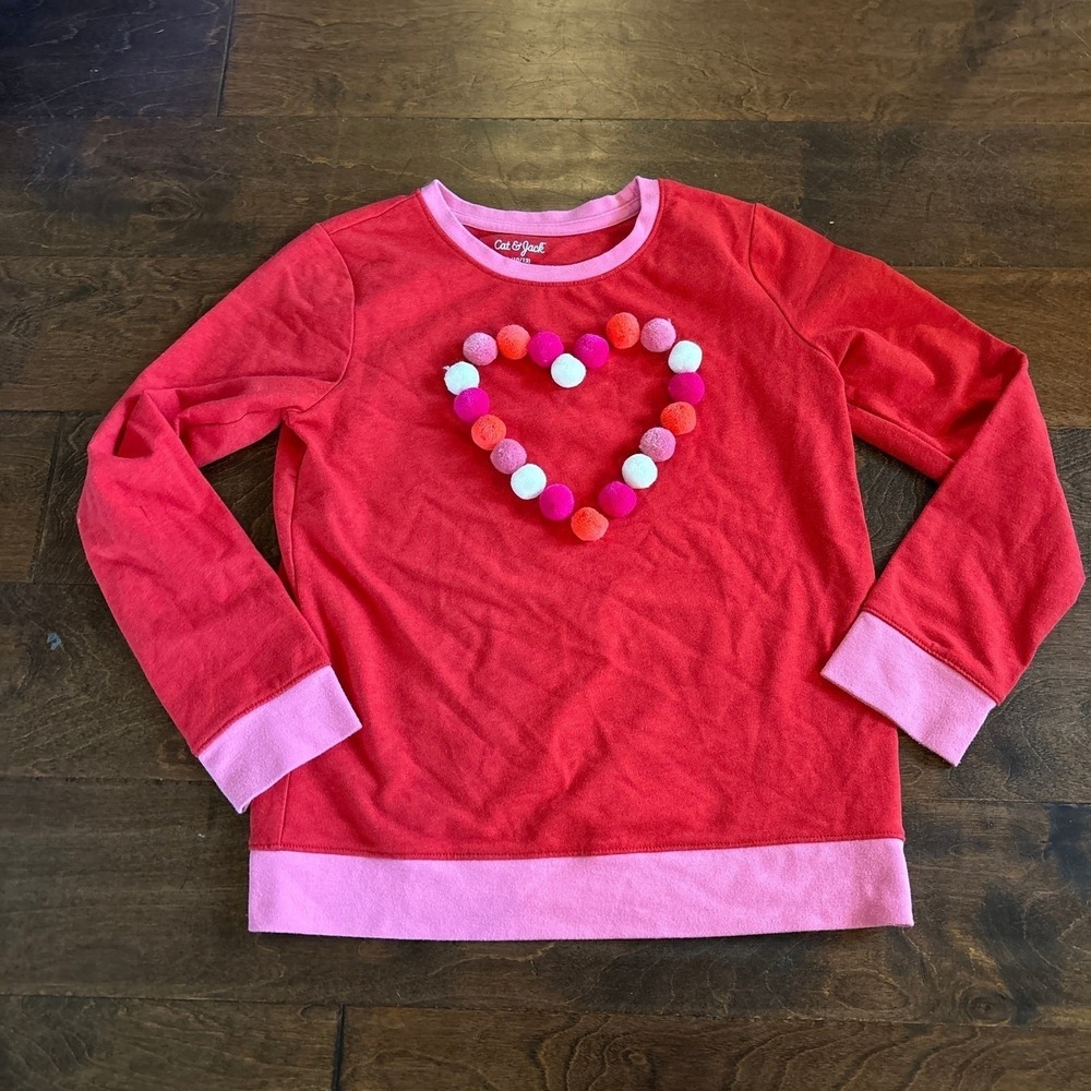 Cat and Jack Girls Large 10/12 Pullover Top Heart Poms Red Valentines'